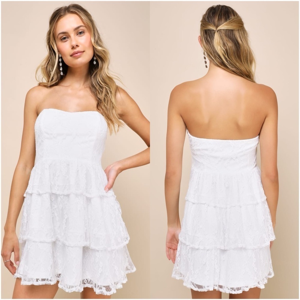 LULU’S Sweet Perception White Lace Strapless Mini Dress